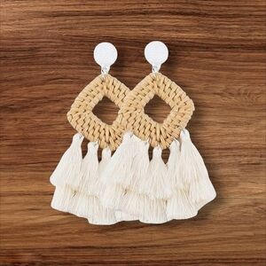 NEW! Bohemian Cream and Tan Macramé Earrings with Fringe